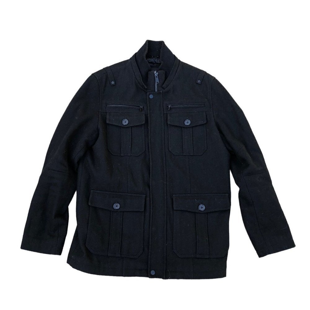 GUESS Wool Coat Men's MEDIUM Jacket Black Military Pocket Quilted Lining Winter 